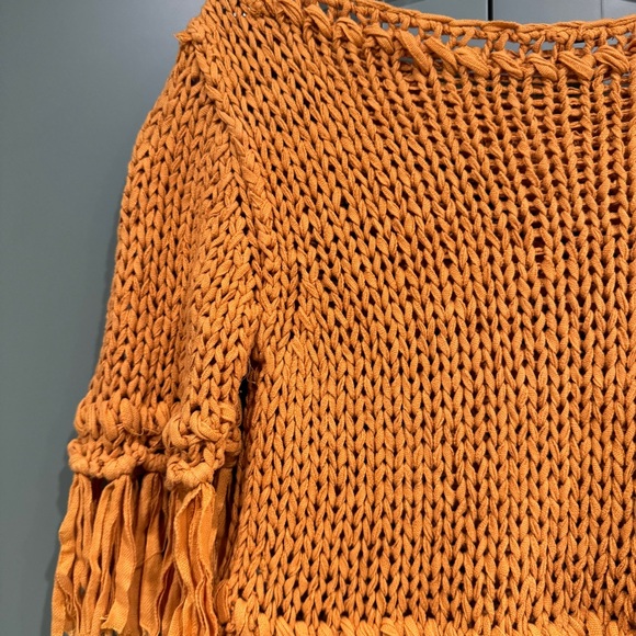Free People On the Fringe Pullover YELLOW sweater knit cropped top crochet XS - Picture 10 of 12